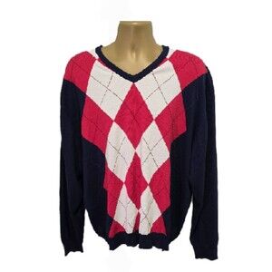 Jos A Bank Leadbetter Golf Sweater Mens XL Red Blue Argyle Long Sleeve Blokecore
